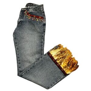 Vintage Upcycled RVT Jeans 7/8 Feather Trim Beaded Western Y2K